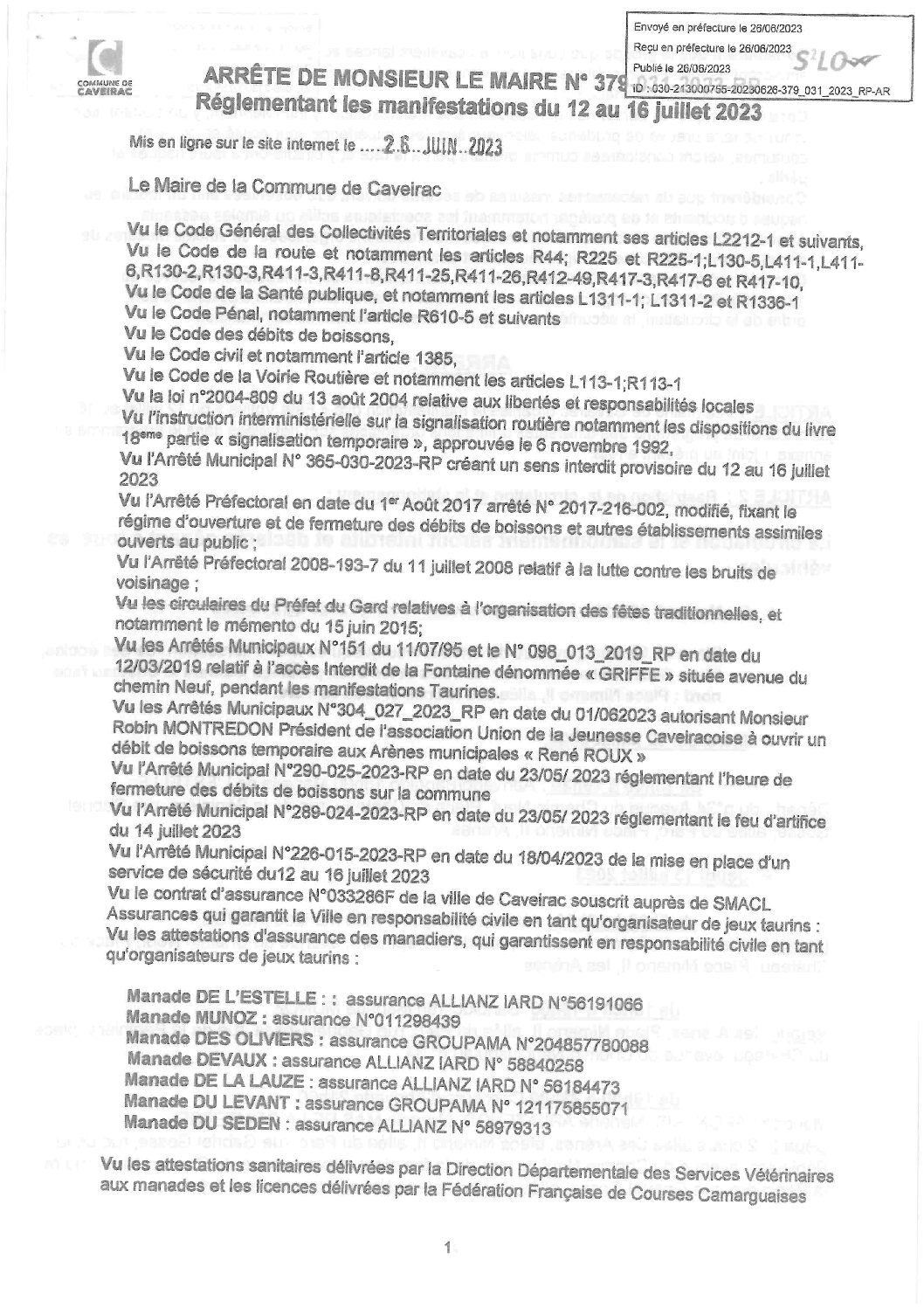 Aperçu du fichier Arrêté N° 379-031- 2023-RP Règlementant les manifestations du 12 au 16 juillet 2023 