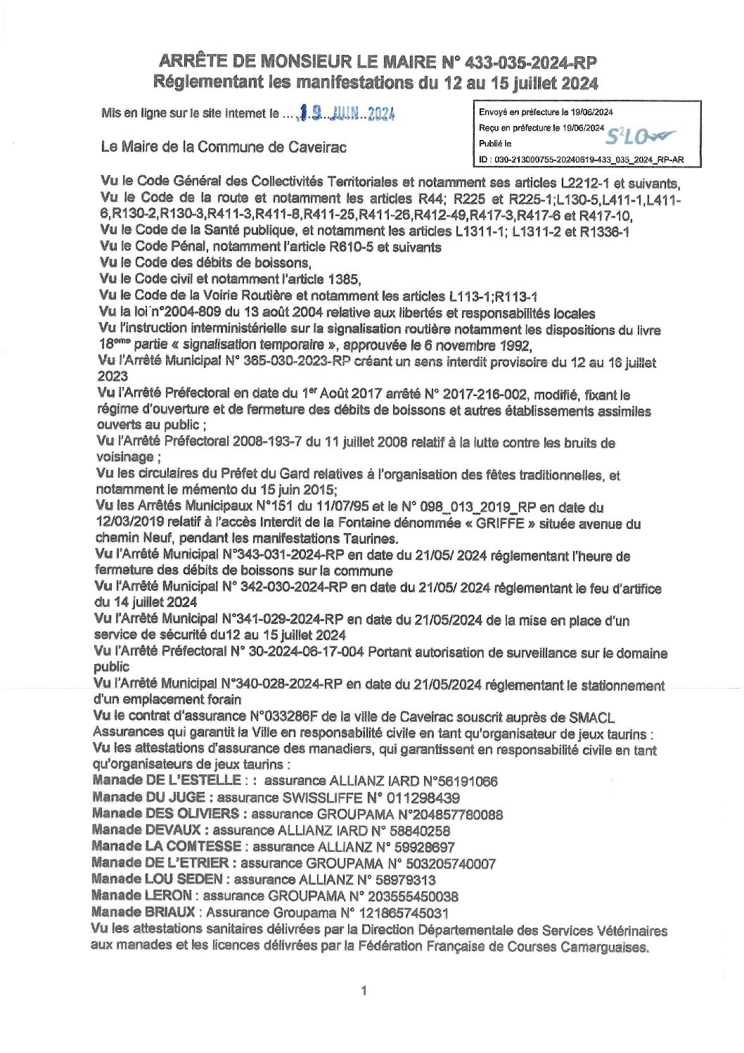 Aperçu du fichier Arrêté N° 433-35-2024-RP Règlementant les manifestations du 12 au 15 juillet 2024 (Fête Votive) 