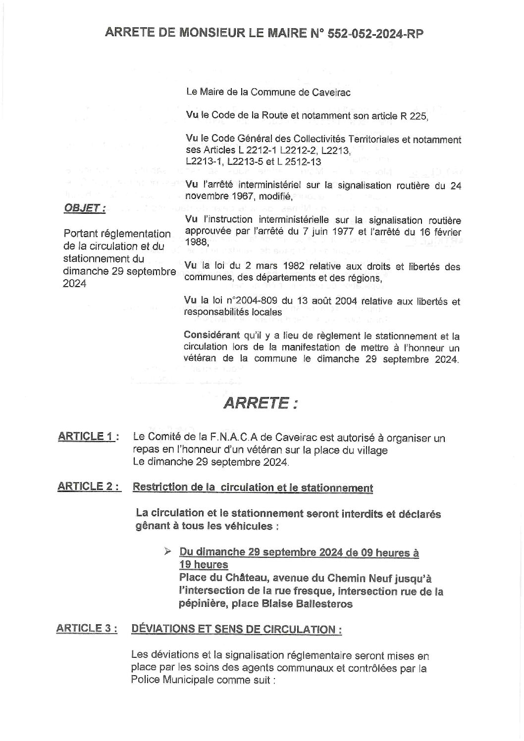 Aperçu du fichier Arrêté N° 552-052-2024-RP Règlementation stationnement et circulation du 29 septembre 2024 