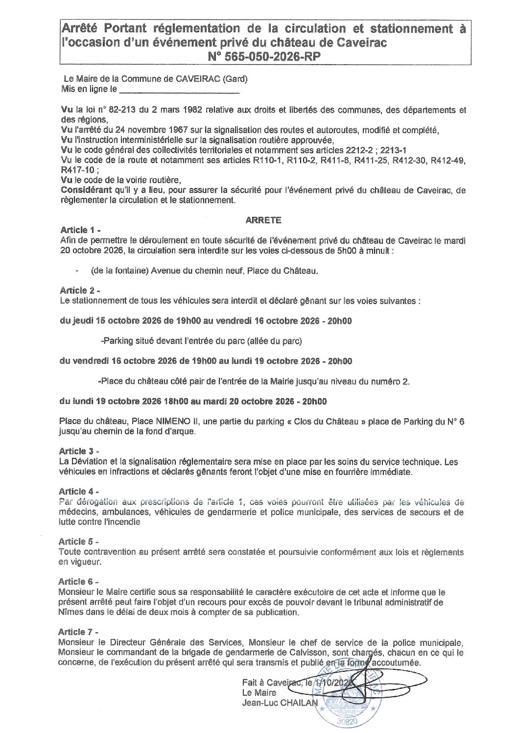 Aperçu du fichier Arrêté N° 565-050-2026 -RP Stationnement et circulation evenement privé du château de Caveirac 
