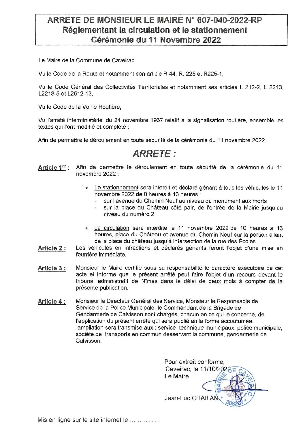 Aperçu du fichier Arrêté N° 607-040-2022-RP Circulation et stationnement cérémonie du 11 novembre 2022 