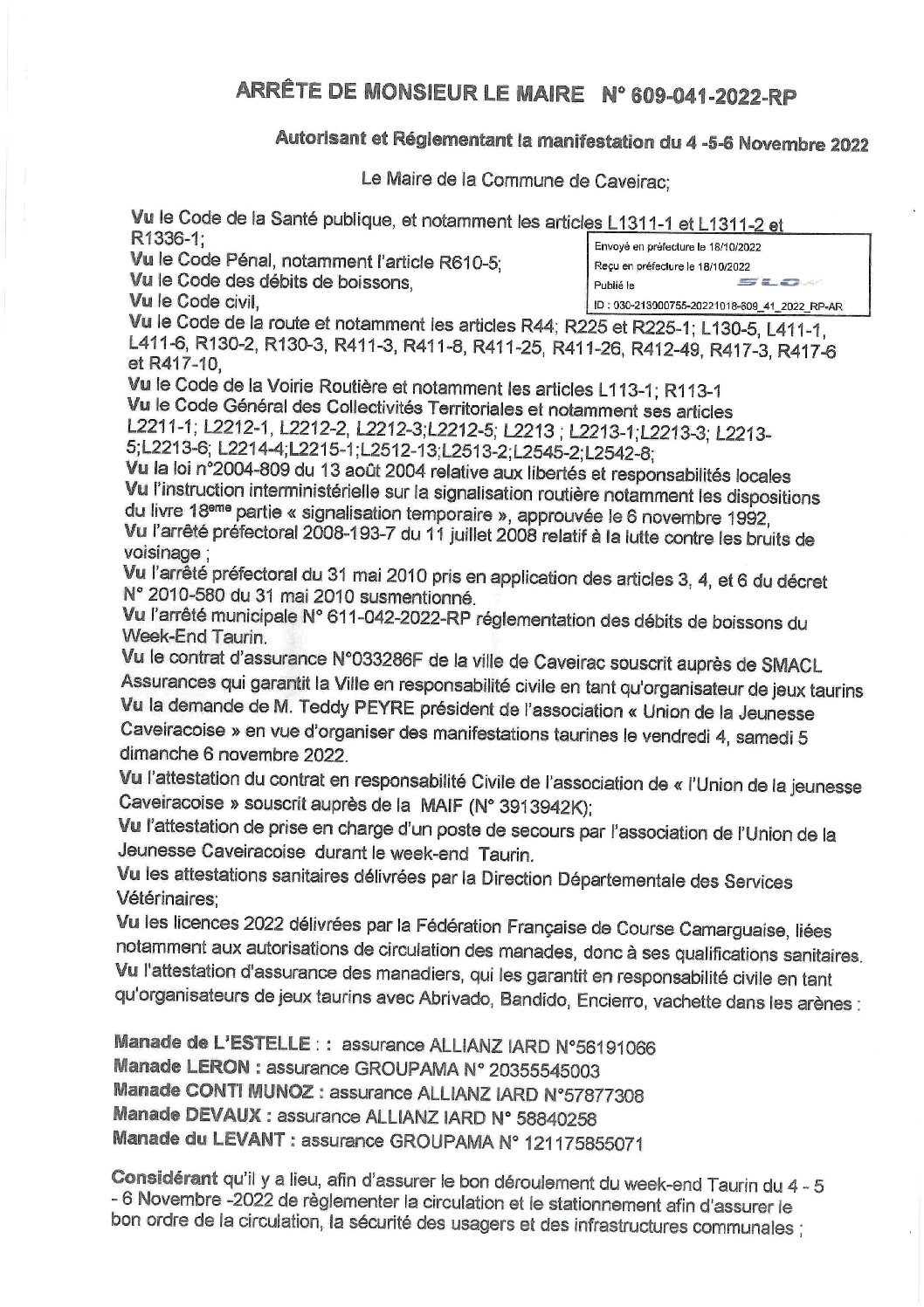 Aperçu du fichier Arrêté Règlementant la manifesttion du 4 5 6 novembre 2022 N° 609 -041-2022-RP 