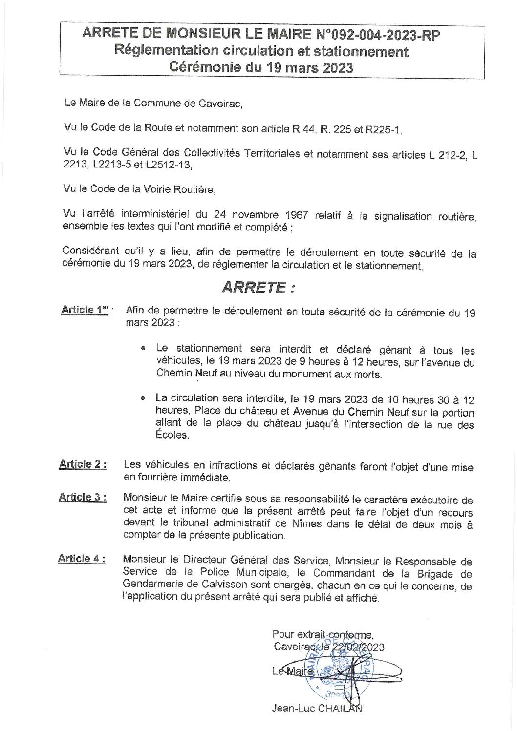 Aperçu du fichier Arrêté de Monsieur le Maire N° 092-004-2023-RP Règlementation circulation et stationnement « Cérémonie du 19 mars 2023 » 