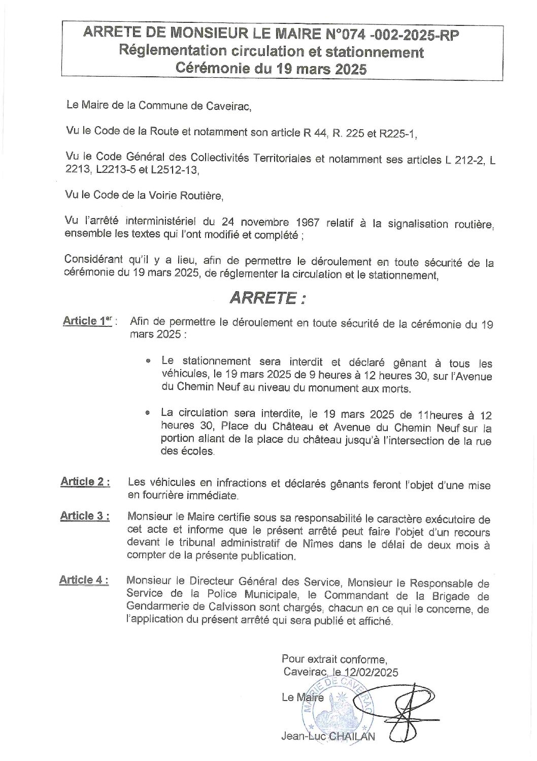 Aperçu du fichier Arrêté de circulation et de Stationnement Cérémonie du 19 mars 2025 N° 074-002-2025-RP 