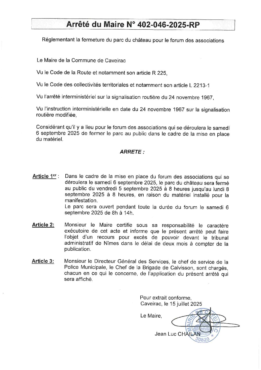Aperçu du fichier Arrêté fermeture du parc – forum des associations 2025 