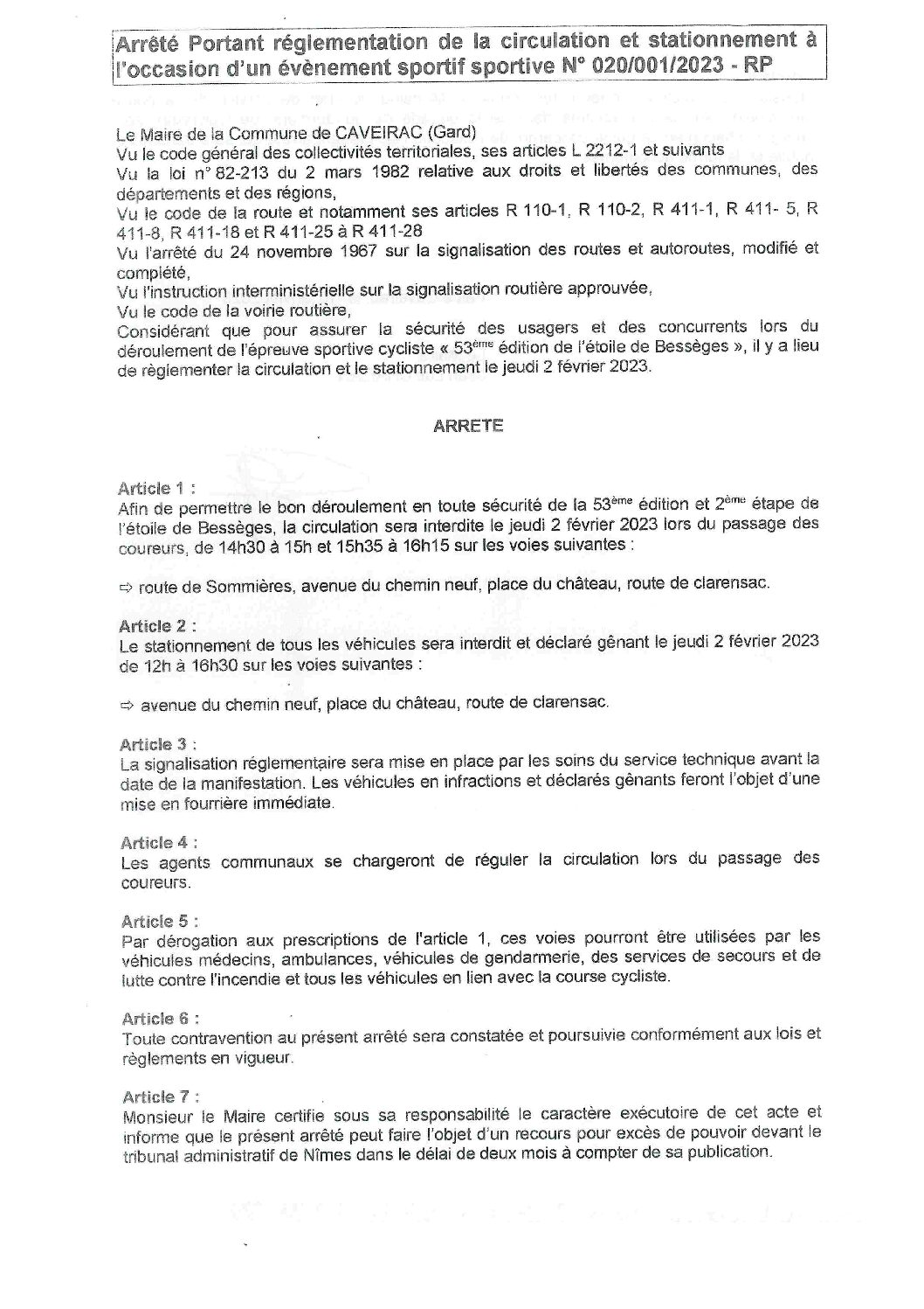 Aperçu du fichier Arrêté n° 020_001_2023 portant réglement de la circulation et stationnement – étoile de Bessèges 2 février 2023 