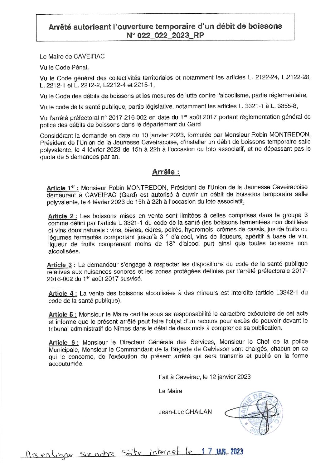 Aperçu du fichier Arrêté n° 022_022_2023 RP autorisant l’UJC à ouvrir un débit de boissons temporaire le 4 février 2023 salle polyvalente_ publication faite le 17-01-2023 