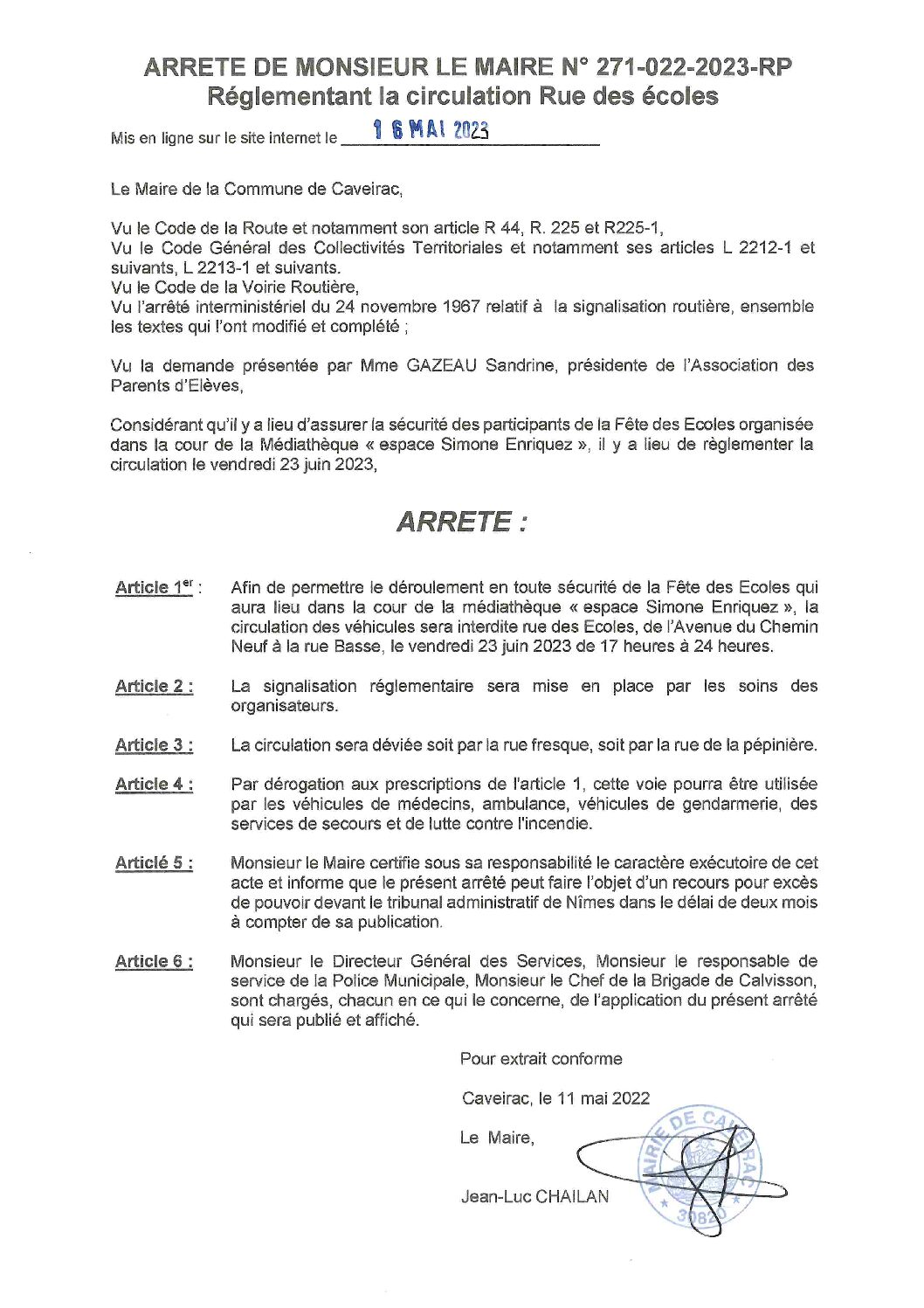 Aperçu du fichier Arrêté n° 271_022_2023 réglementant la circulation rue des écoles le 23 juin 2023_ publication faite le 16-05-2023 