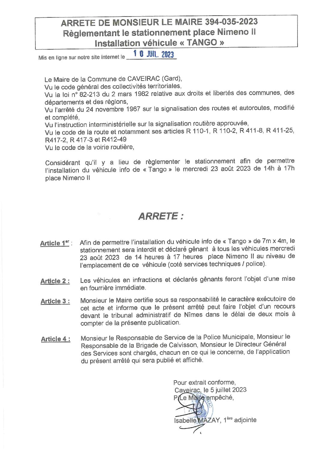 Aperçu du fichier Arrêté n° 394-035-2023 réglementant le stationnement place NImeno II le 23 août 2023 