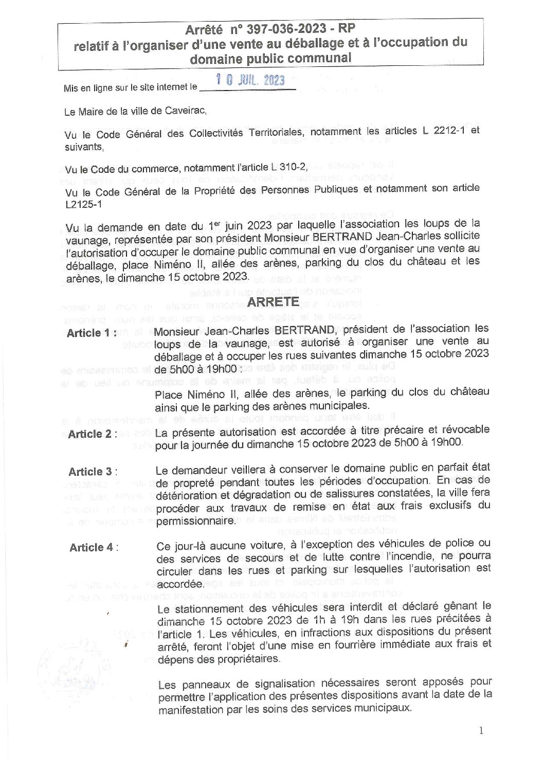 Aperçu du fichier Arrêté n° 397-036-2023 relatif à l’organisation d’une vente au déballage le 15 octobre 2023 