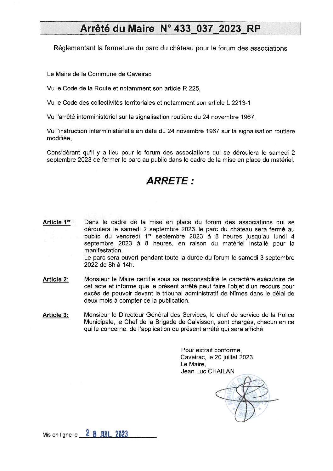 Aperçu du fichier Arrêté n° 433_037_2023_RP réglementant la fermeture du parc pour le forum des associations du 1er au 4 septembre 2023 