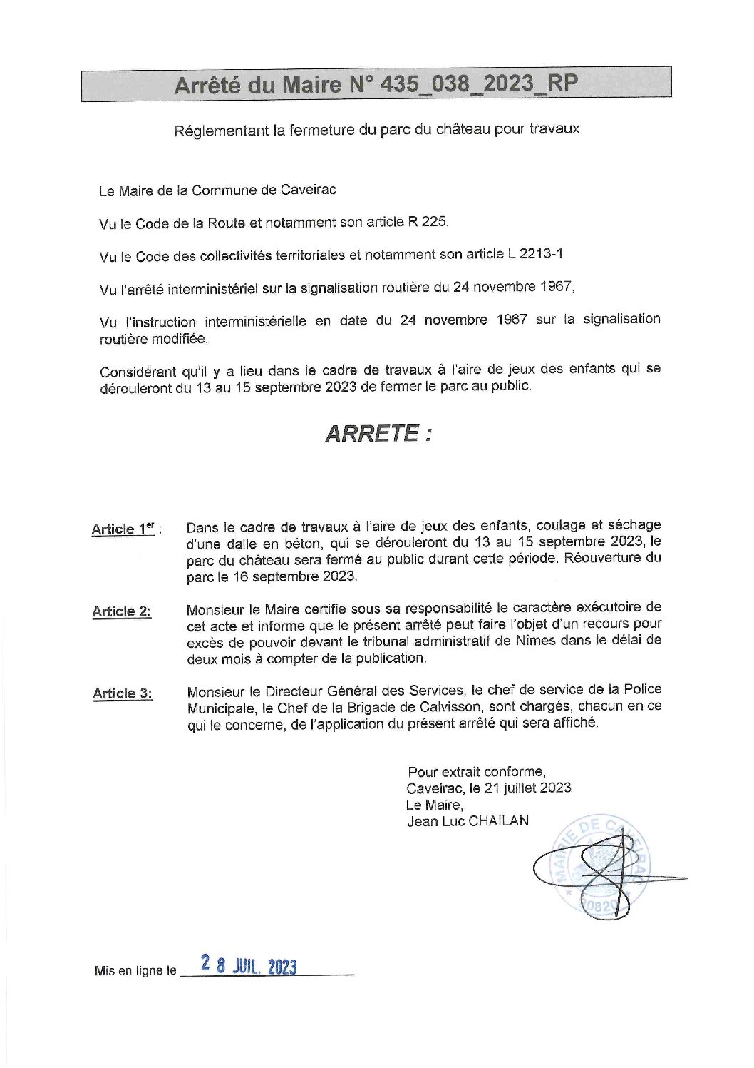 Aperçu du fichier Arrêté n° 435_038_2023_RP réglementant la fermeture du parc pour travaux du 13 au 15 septembre 2023 