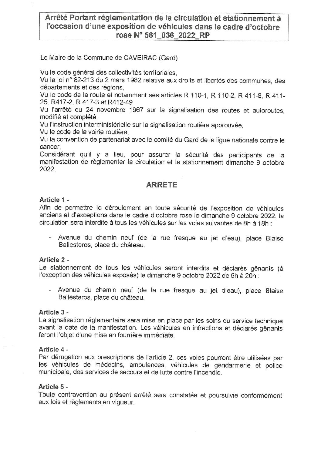 Aperçu du fichier Arrêté n° 561_036_2022_RP portant règlement de la circulation et du stationnement le 9 octobre 2022 a l’occasion d’une exposition de véhicules ancien et d’exception_ publication faite le 15-09-2022 