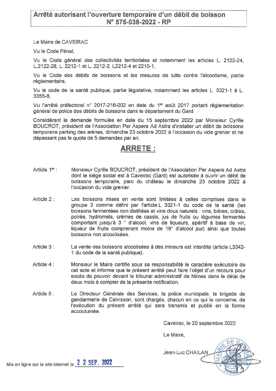 Aperçu du fichier Arrêté n° 574_037_2022_RP relatif à l’organisation d’une vente au déballe le 23 octobre 2022 