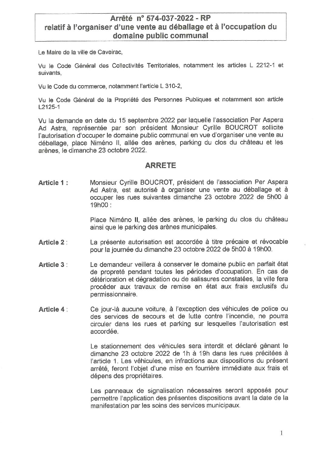 Aperçu du fichier Arrêté n° 575_038_2022_RP autorisant l’association Ad Astra a ouvrir le débit de boisson le 23 octobre 2022 