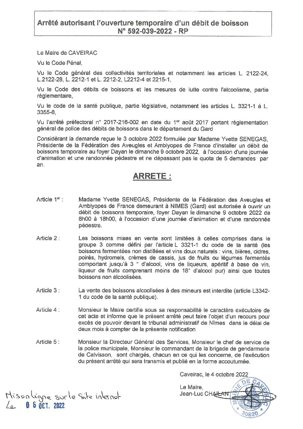 Aperçu du fichier Arrêté n° 592_039_2022_RP autorisation l’association FAAF à ouvrir un temporaire d’un débit de boisson le 9 octobre 2022 