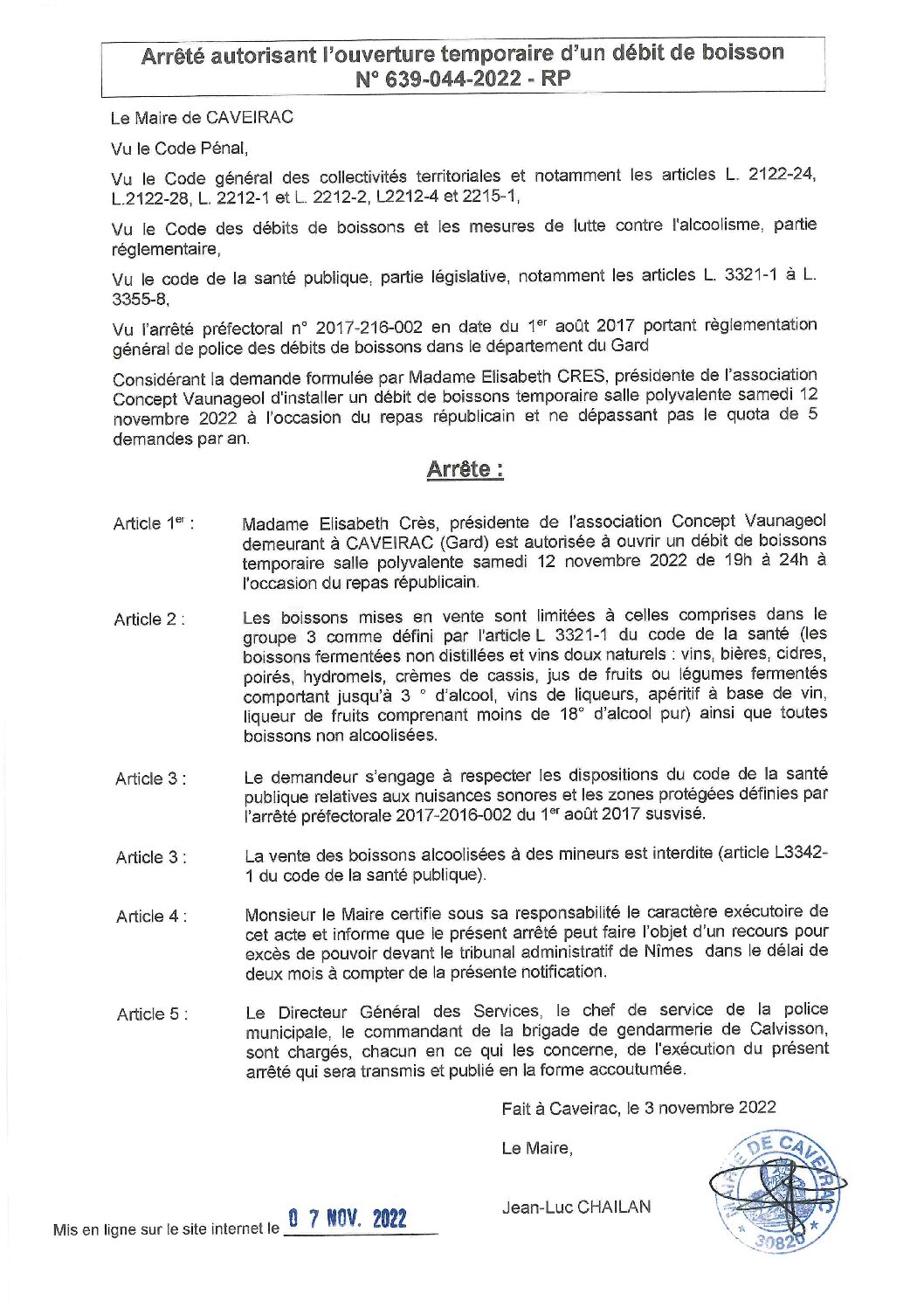 Aperçu du fichier Arrêté n° 592_039_2022_autorisant l’ouverture temporaire d’un débit de boissons le 12 novembre 2022 _ publication faite le 07-11-2022 