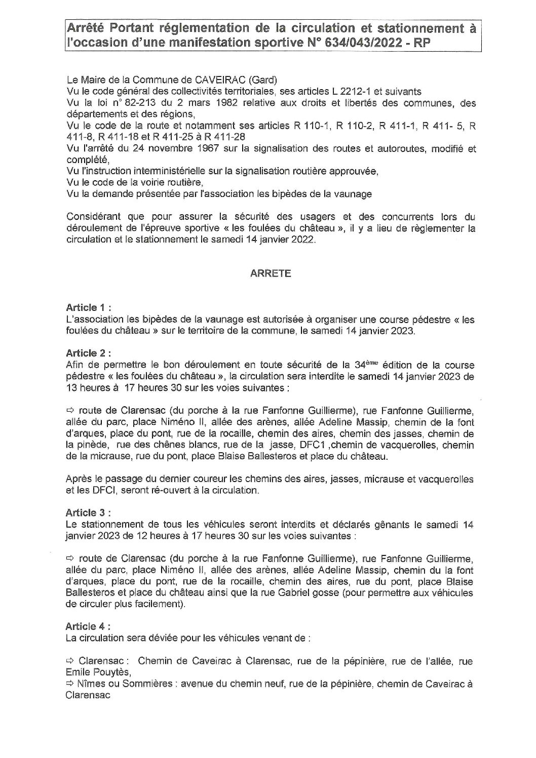 Aperçu du fichier Arrêté n° 634_043_2022_portant réglementation de la circulation et du stationnement tour pedestre du 14 janvier 2023 _ publication faite le 07-11-2022 