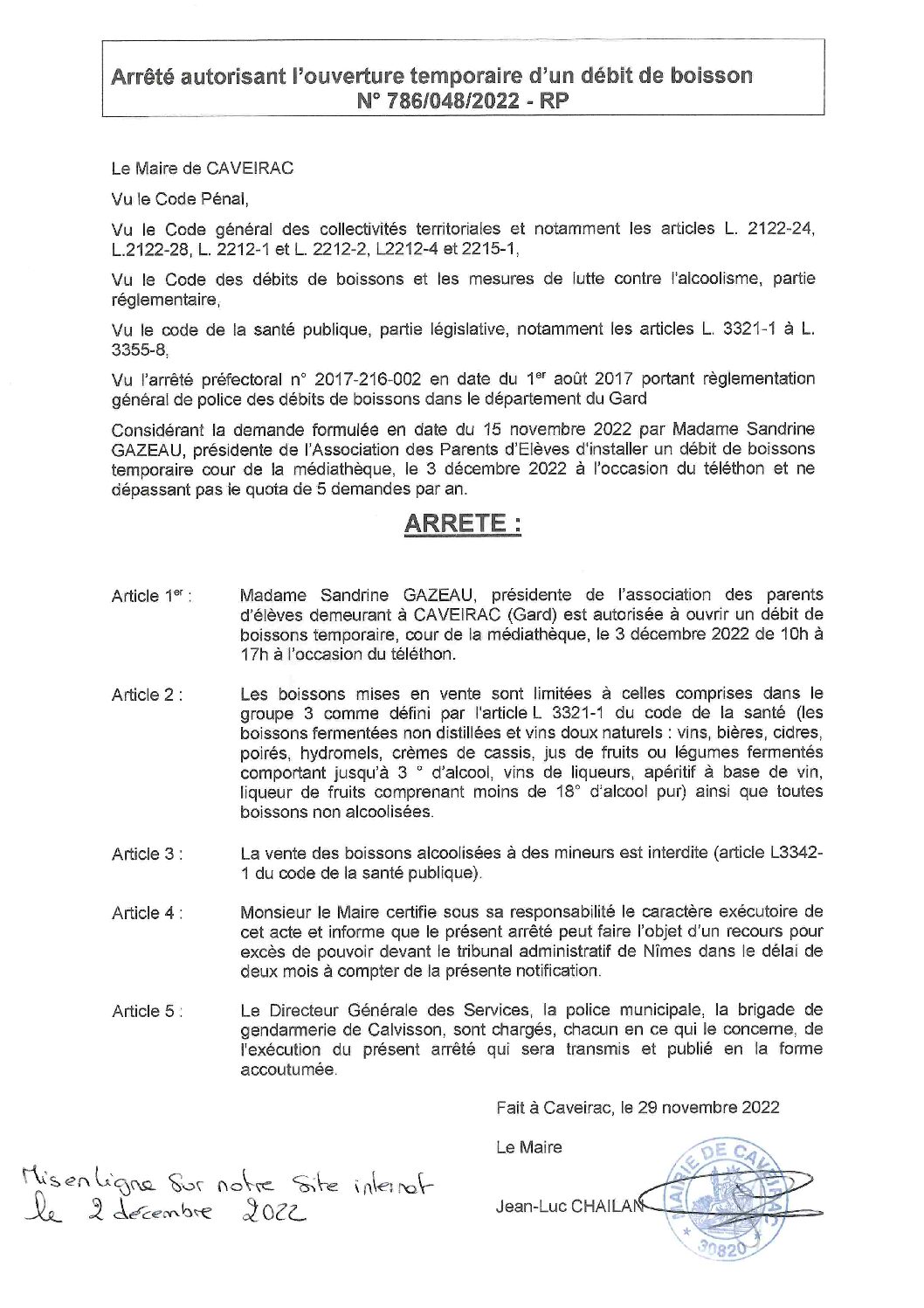 Aperçu du fichier Arrêté n° 786_048_2022_RP autorisant l’APE à ouvrir un débit de boissons temporaire le 3 décembre 2022 cour de la médiathèque_publication faite le 2-12-2022 
