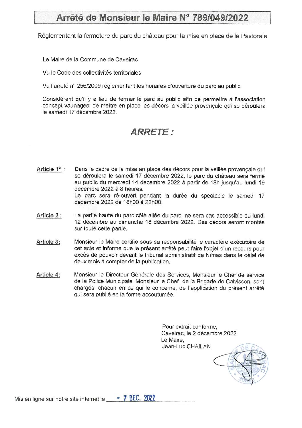 Aperçu du fichier Arrêté n° 789_049_2022_RP réglementant la fermeture du parc pour l’organisation de la veillée provençale 