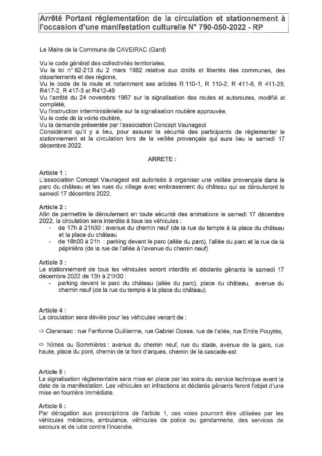 Aperçu du fichier Arrêté n° 790_050_2022_RP portant réglementation de la circulation et du stationnement le 17-12-2022 veillée provençale-publication faite le 7-12-2022 (3) 