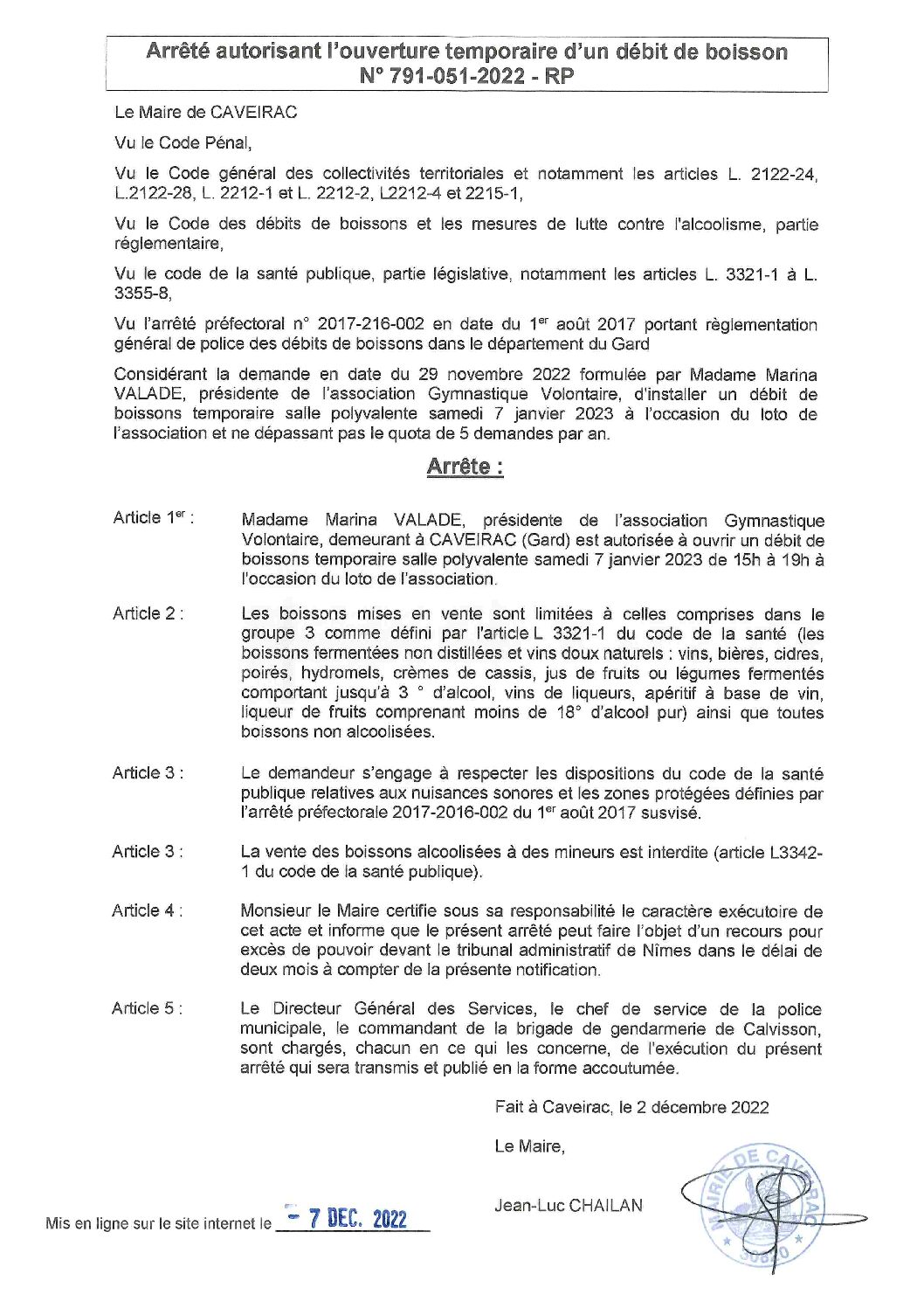 Aperçu du fichier Arrêté n° 791_051_2022_RP autorisant la Gymnastique volontaire a ouvrir un debit de boissons temporaire le 7-01-2023 salle polyvalente-publication faite le 7-12-2022 (1) 