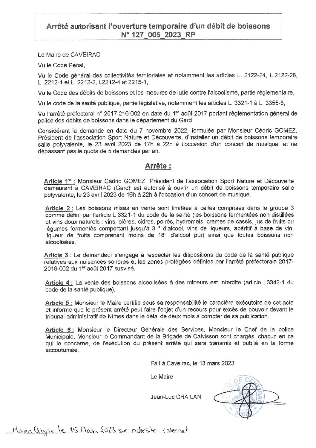 Aperçu du fichier Arrêté n°127_005_2023 autorisant l’association SND à ouvrir un débit de boissons temporaire le 23 avril 2023 salle polyvalente 