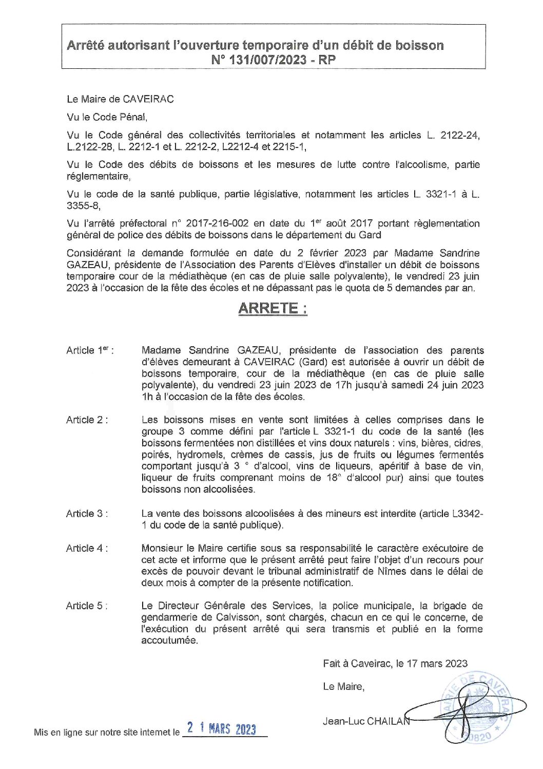 Aperçu du fichier Arrêté n°131_007_2023 autorisant l’APE à ouvrir un débit de boissons temporaire le 23 juin 2023 cour de la médiathèque 