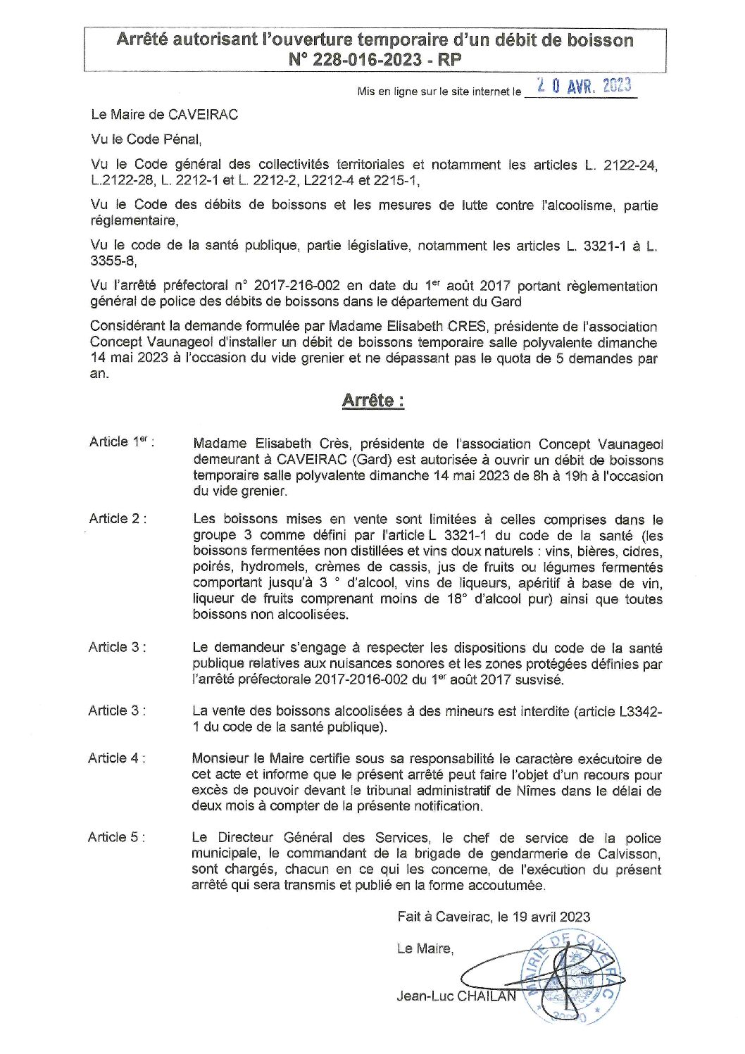 Aperçu du fichier Arrêté n°228_016_2023 autorisant l’association concept vaunageol à ouvrir un débit de boissons temporaire le 14 mai 2023 salle polyvalente 