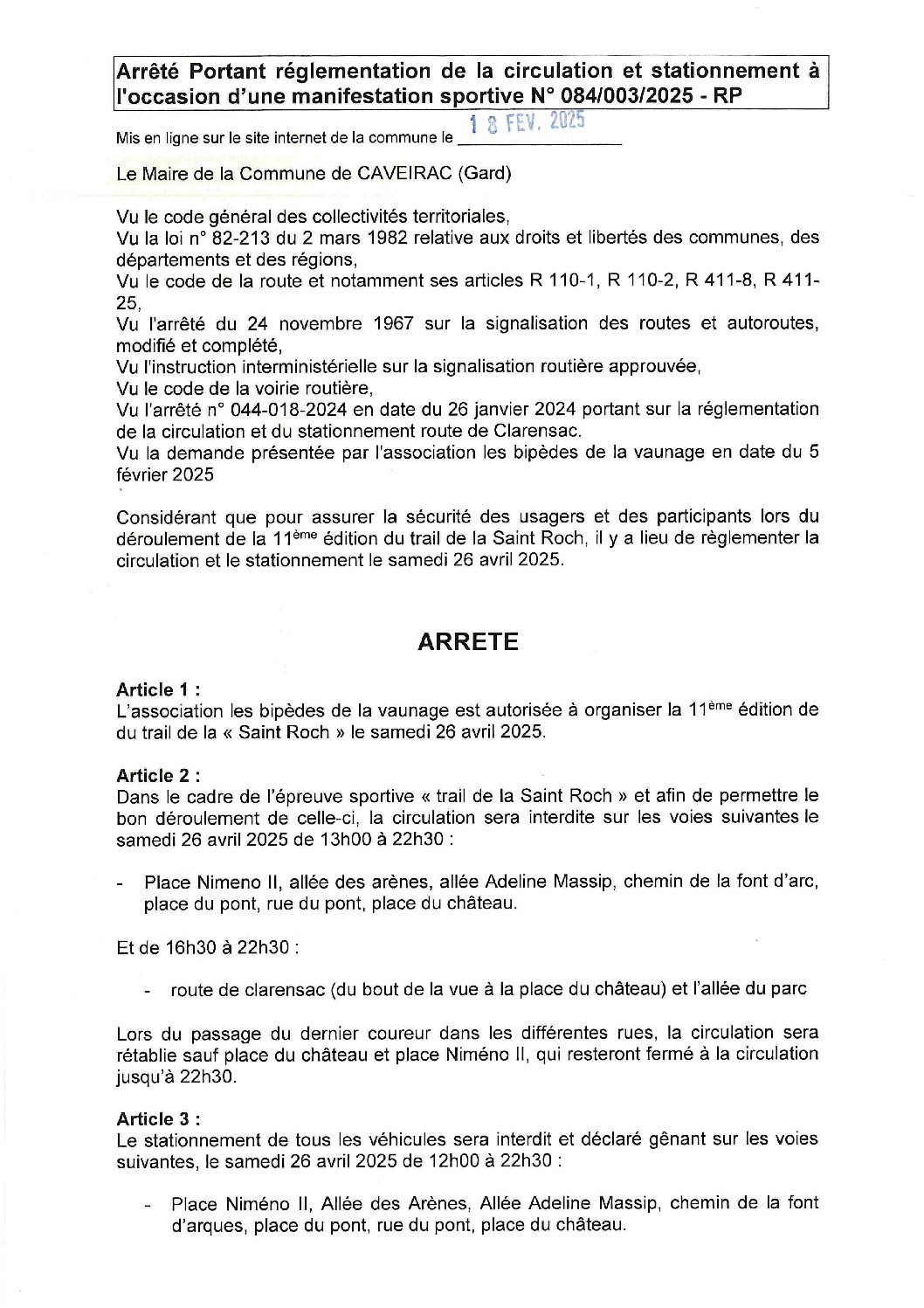 Aperçu du fichier Arrêté n° 084_003_2025_RP portant réglementation de la circulation et stationnement pour la 11ème édition de la St Roch_ publication faite le 18/02/2025 