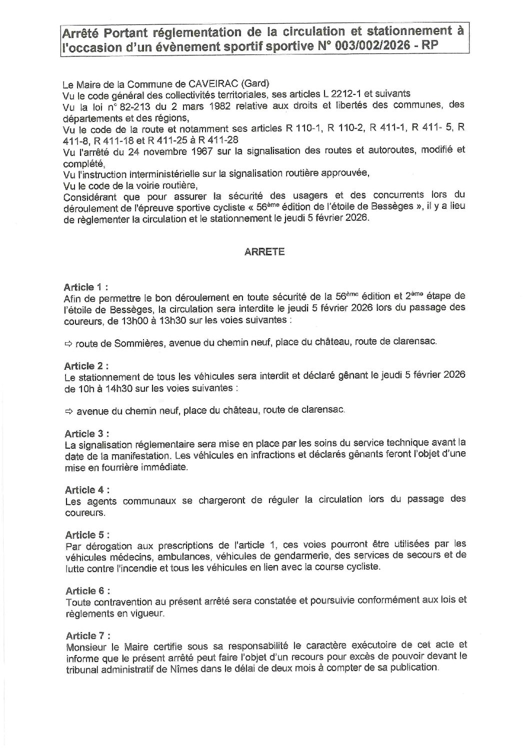 Aperçu du fichier Arrêté portant réglementation de la circulation et du stationnement pour le passage de l’étoile de Bessèges 