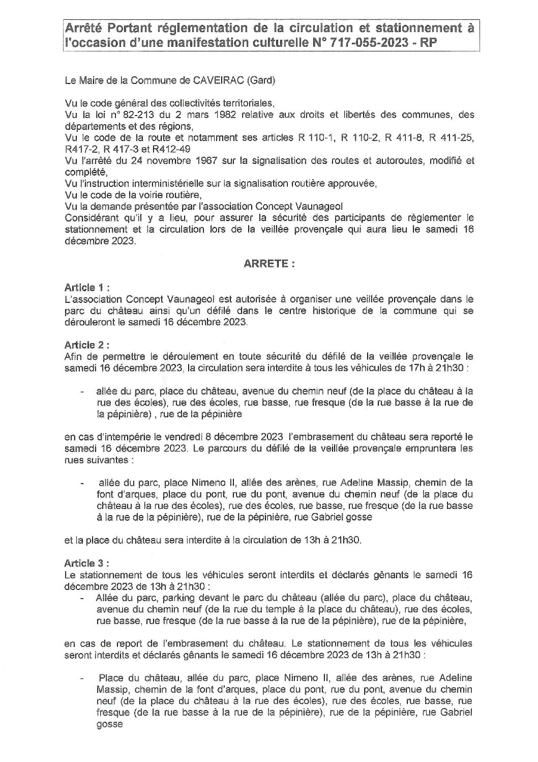 Aperçu du fichier Arrêté portant réglementation de la circulation et staionnement veillée provencale – 16 décembre 2023 