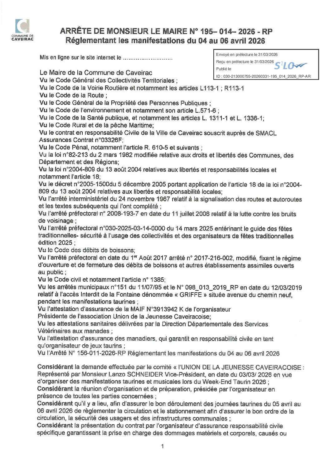 Aperçu du fichier Arrêté portant réglementation manifestations du 4 au 6 avril 2026 