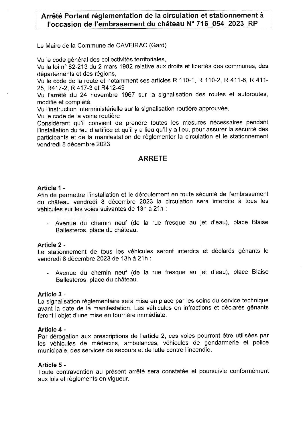 Aperçu du fichier Arrêté portant rréglementation de la circulation et stationnement embrasement du château – le 8 décembre 2023 