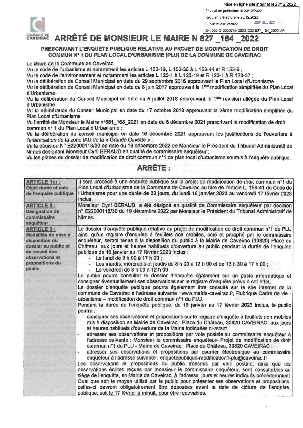 Aperçu du fichier Arrete prescrivant enquete publique modification droit commun PLU – Publication le 23 12 2022 