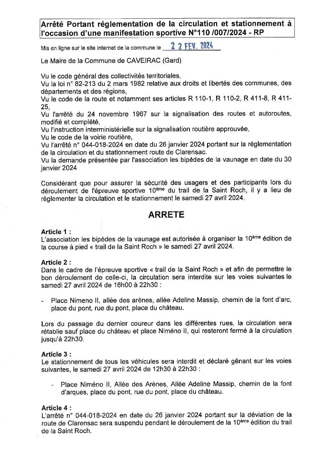 Aperçu du fichier Arrêté n° 110_007_2024 portant réglementation de la circulation et du stationnement pour la course St Roch qui aura lieu le 27 avril 2024_ publication faite le 22-02-2024 