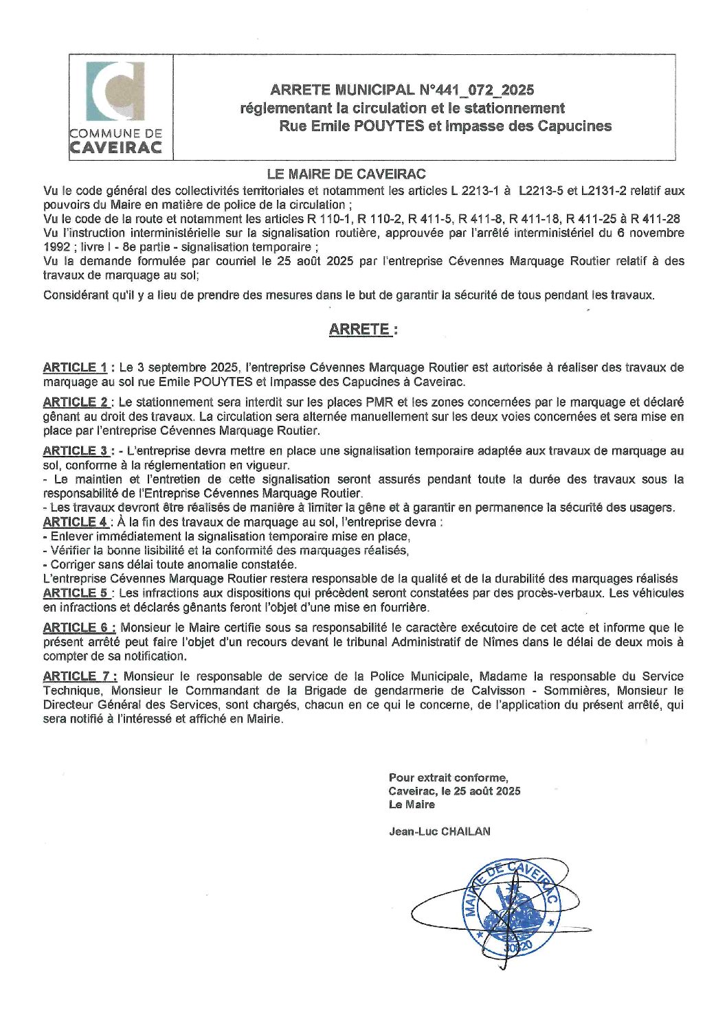 Aperçu du fichier Arrêté règlementant la circulation et le stationnement rue Pouytes – 3 septembre 2025 