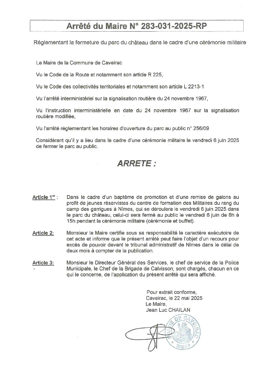 Aperçu du fichier Arrêté réglementant la fermeture du parc le 6 juin 2025 