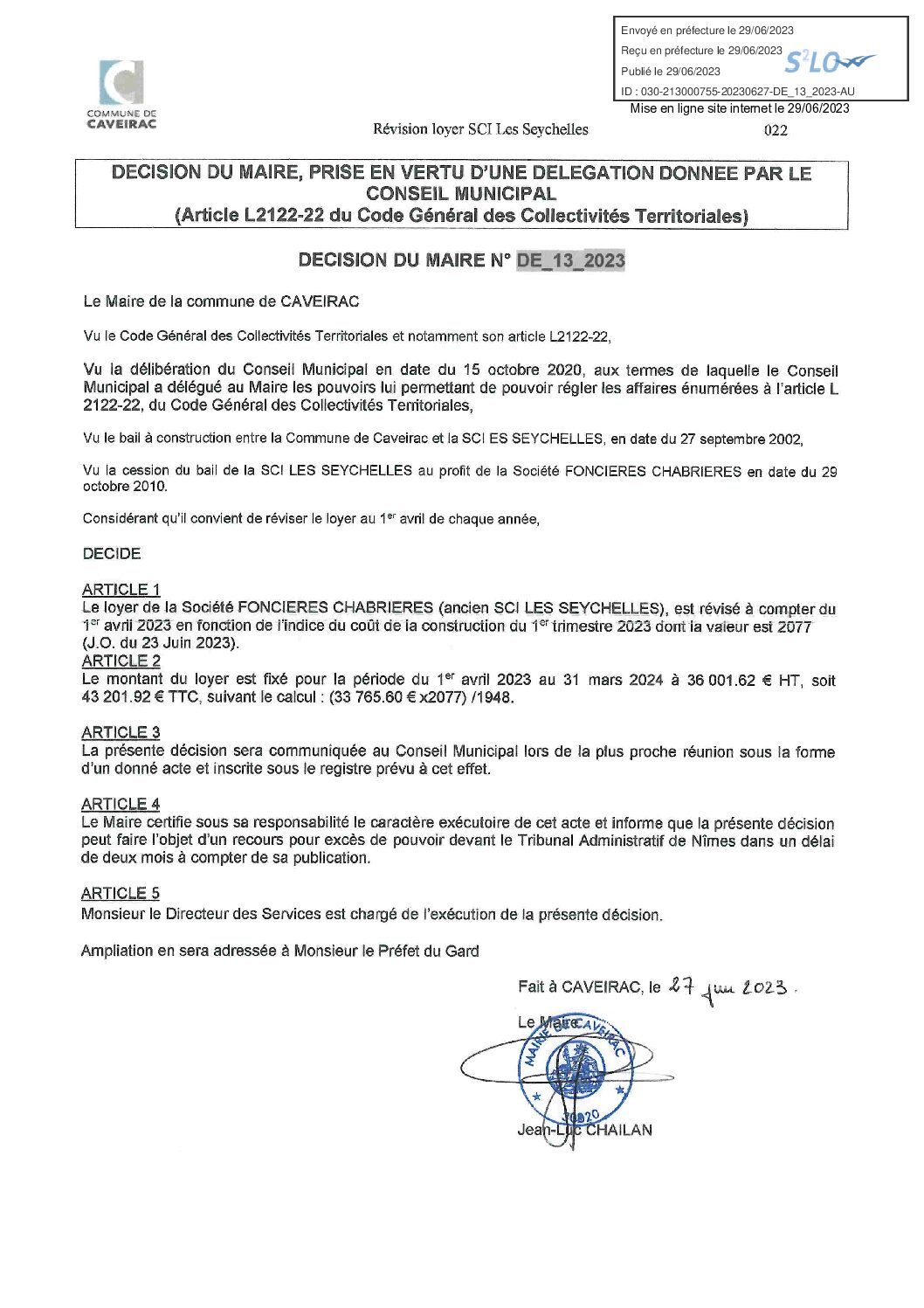 Aperçu du fichier DECISION DE_13_2023 Revision Loyer SCI Les Seychelles Publication le 29-06-2023 