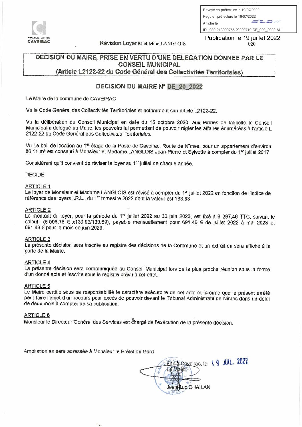 Aperçu du fichier DECISION DE_22_2022 Révision loyer SCI Les Seychelles Publication le 19-07-2022 
