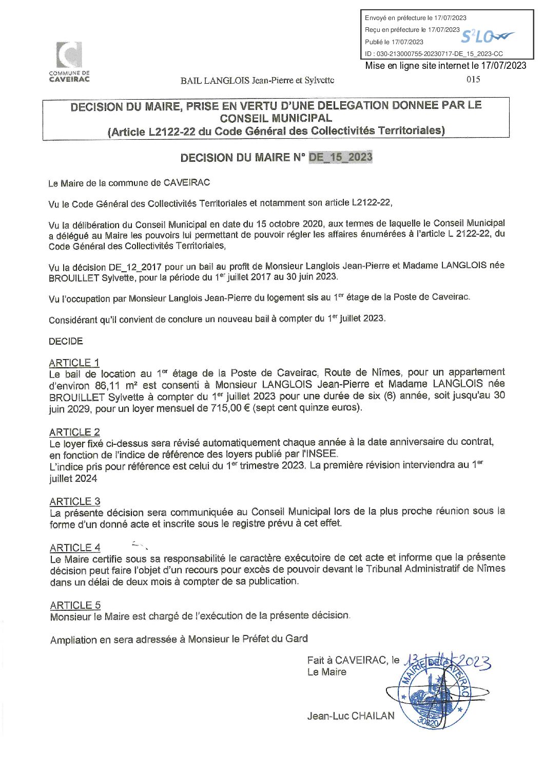 Aperçu du fichier DECISION du Maire DE_15_2023 BAIL LANGLOIS – Publication site internet le 17 juillet 2023 