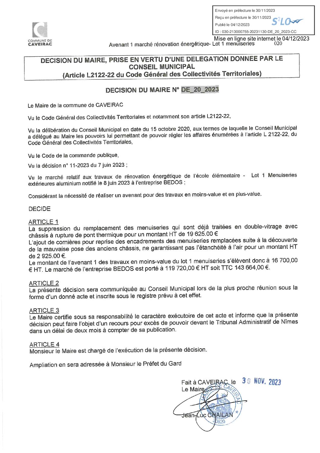 Aperçu du fichier DECISION du Maire DE_20_ 2023 – AVENANT 1 BEDOS Rénovation énergtique école élémentaire – Publication site internet le 4-12-23 