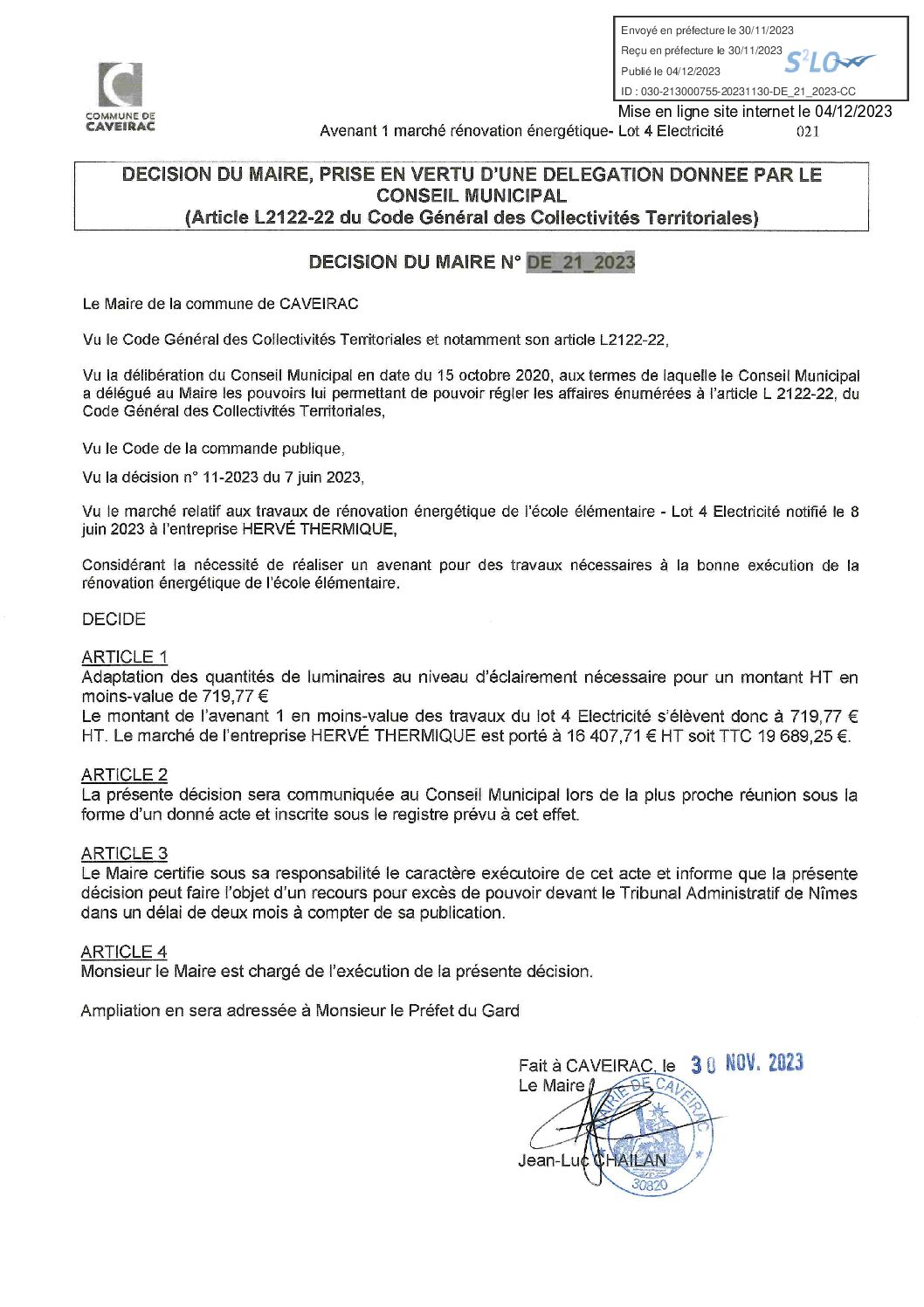 Aperçu du fichier DECISION du Maire DE_21_ 2023 – AVENANT 1 HERVE THERMIQUE Rénovation énergtique école élémentaire – Publication site internet le 4-12-23 