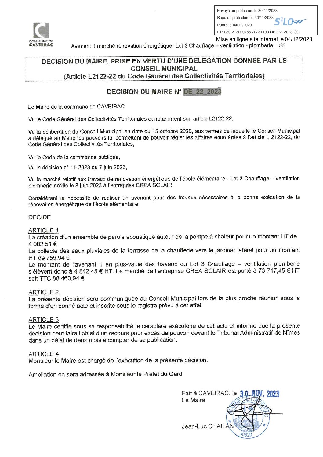 Aperçu du fichier DECISION du Maire DE_22_ 2023 – AVENANT 1 CREA SOLAIR Rénovation énergtique école élémentaire – Publication site internet le 4-12-23 