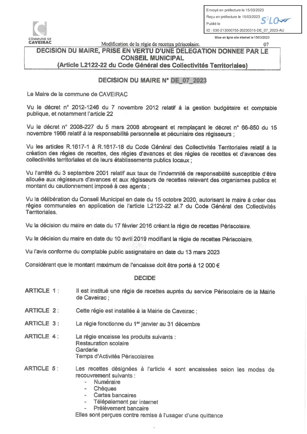 Aperçu du fichier DE_07_2023 Modification de la régie de recettes Périscolaire 