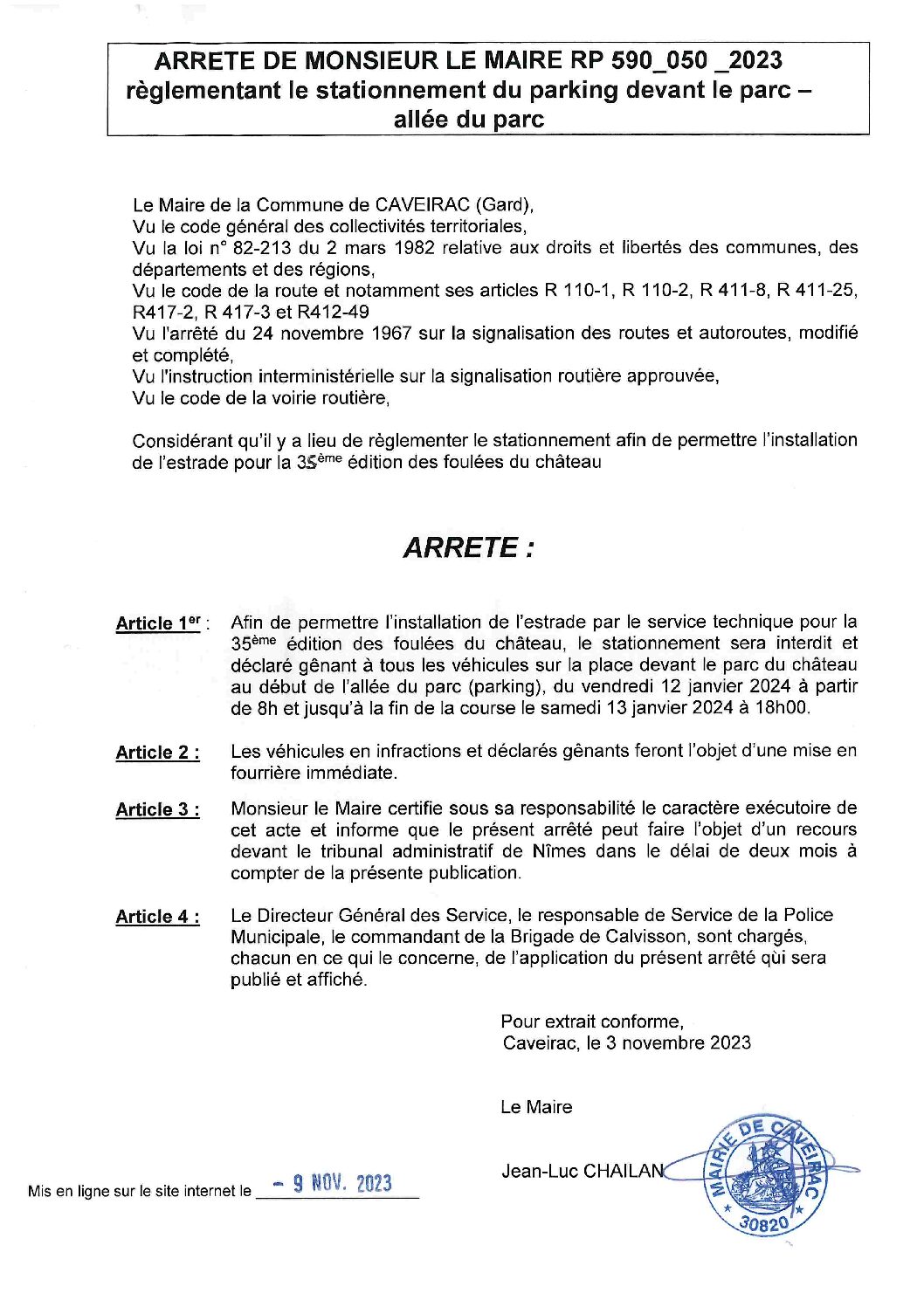 Aperçu du fichier Arrêté n° 590_050_2023_portant réglementation du stationnement devant le parc du château à l’occasion du tour pédestre du 13 janvier 2023_publication faite le 09-11-2023 
