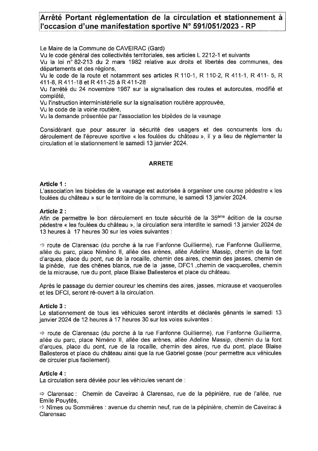 Aperçu du fichier Arrêté n° 591_051_2023_portant réglementation de la circulation et du stationnement à l’occasion du tour pédestre du 13 janvier 2023_publication faite le 09-11-2023 