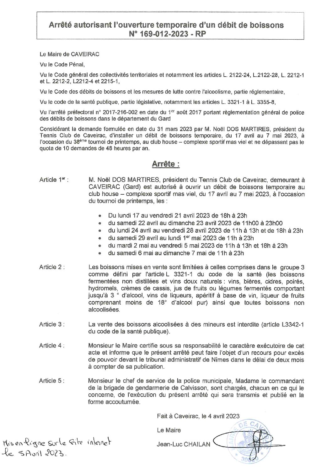 Aperçu du fichier Arrêté n°169-012-2023 autorisant le TCC à l’ouvrir un débit de boissons du 17 avril au 7 mai 2023 au club house_publication faite le 5 avril 2023 